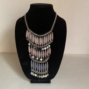 Vintage Mexican Statement Necklace Boho Wood Bead Layered Silver Tone Bib